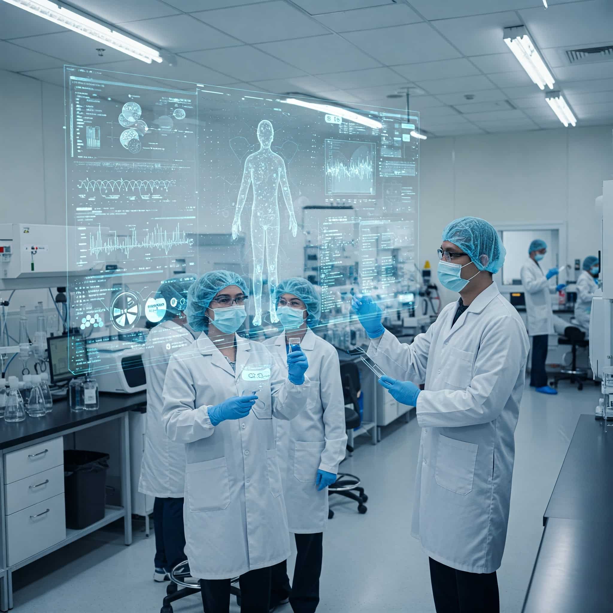 The image shows a medicine design team, using a digital twin to visualize and refine their product design.