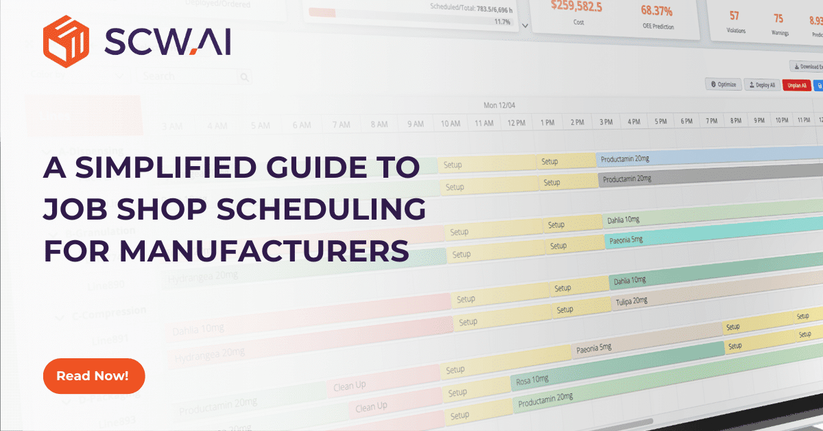 Image is the banner of SCW.AI's blog post on Job Shop Scheduling for manufacturers.