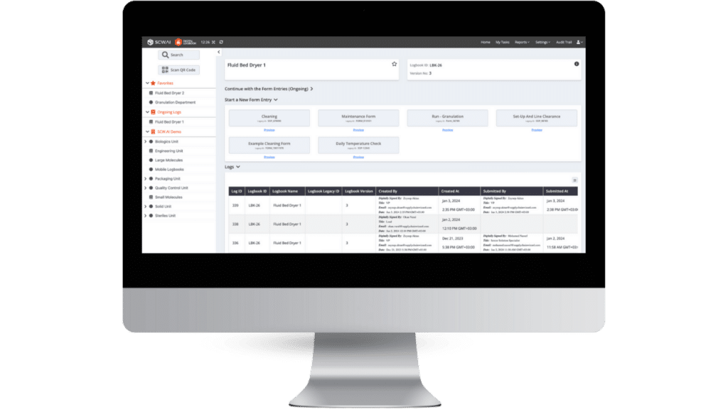 Image shows the main page of Digital Logbook which allows pharmaceutical manufacturers to enter their production logs in adherence to ALCOA+ data integrity and FDA/EMA regulations.