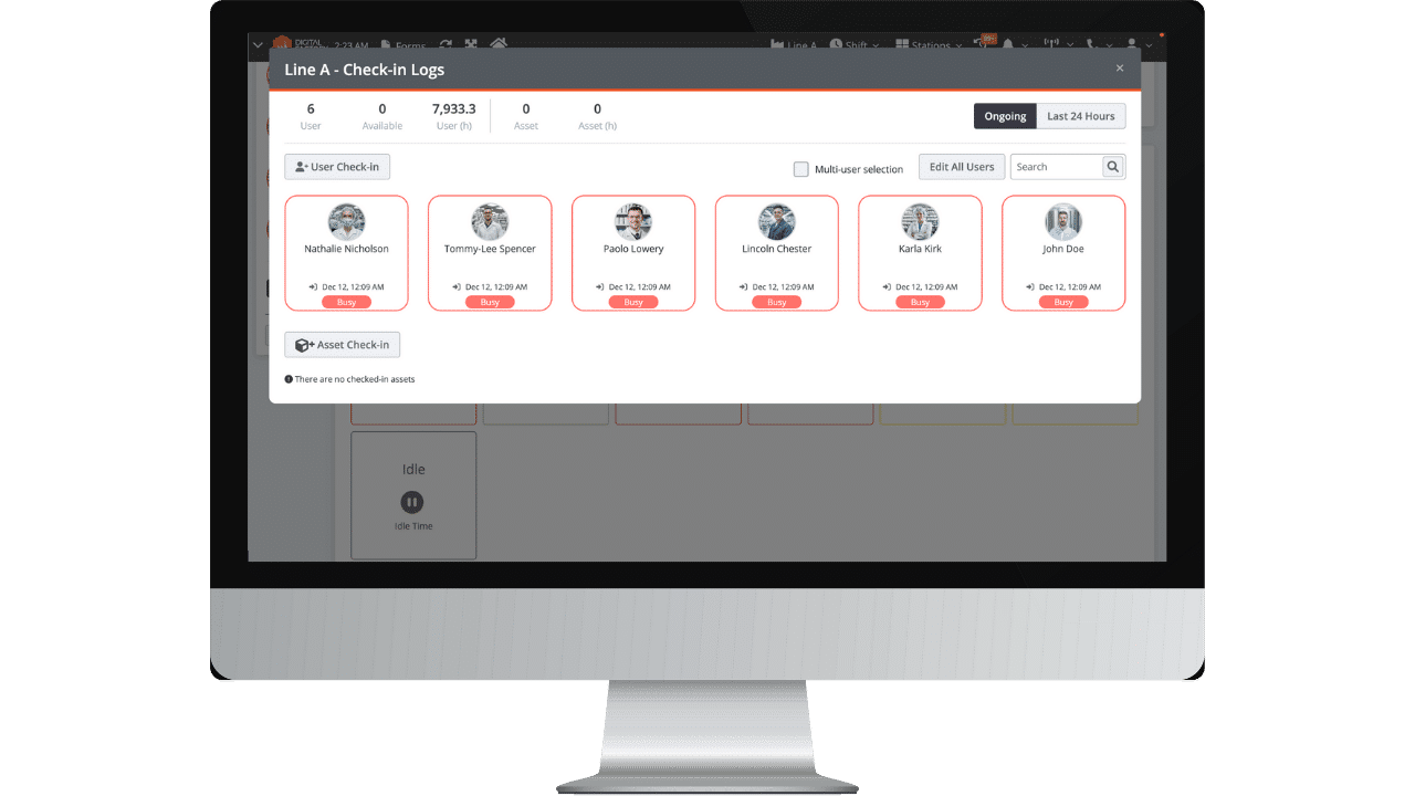 Image shows how Labor Tracker shows which workers to check-in a production line.