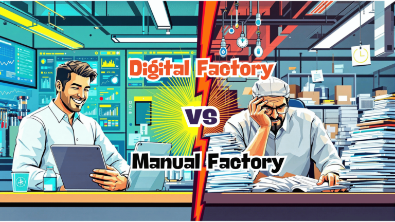 Image shows managing a digital factory is much profitable and easier compared to manual one.