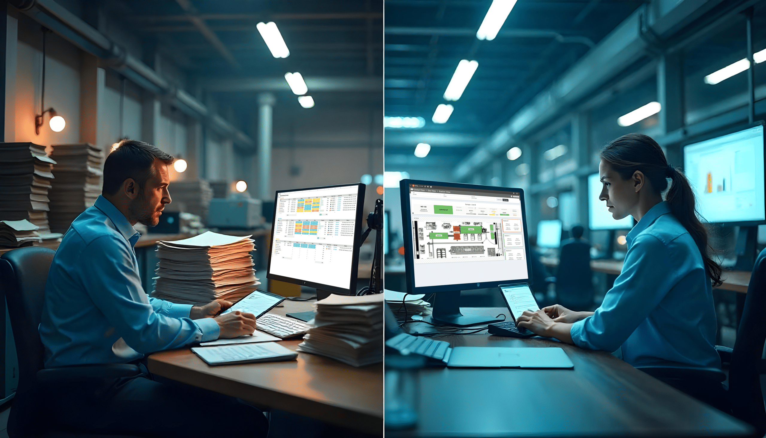 Image shows how manufacturing sites that are monitored via OEE Dashboard are more productive than Excel run factories.