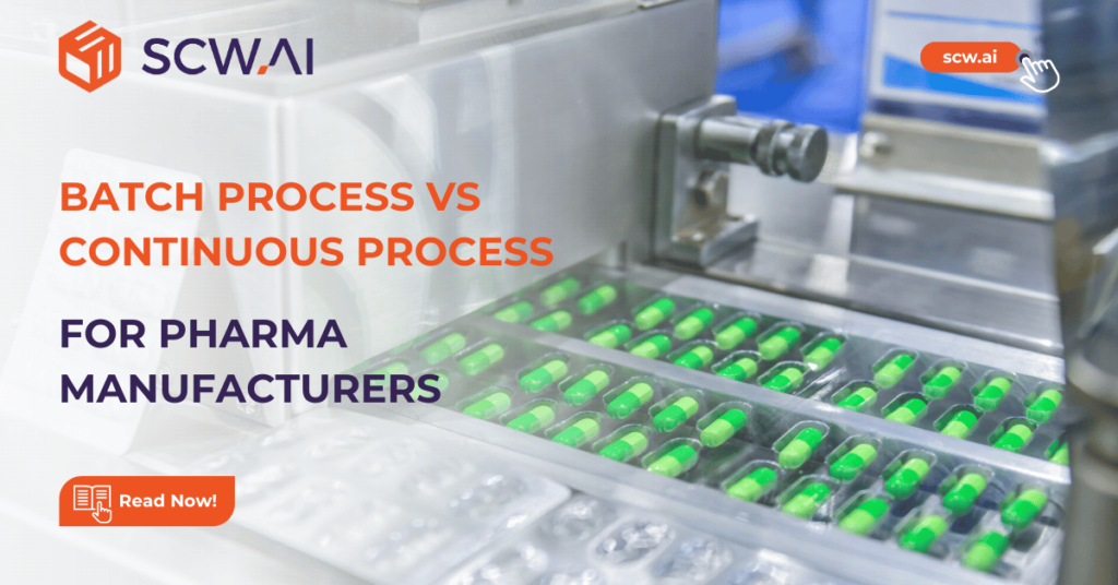 Image is the banner of SCW.AI's blog post on batch process vs continuous process.