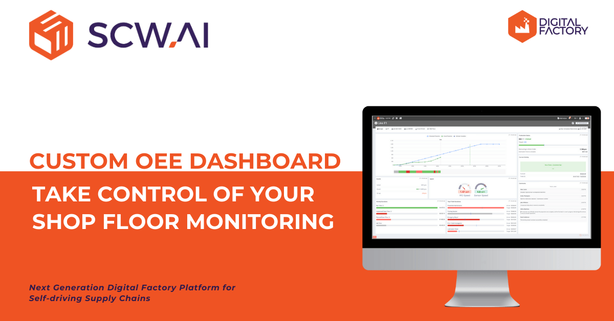 Image is the banner of SCW.AI's Custom OEE Dashboard feature.