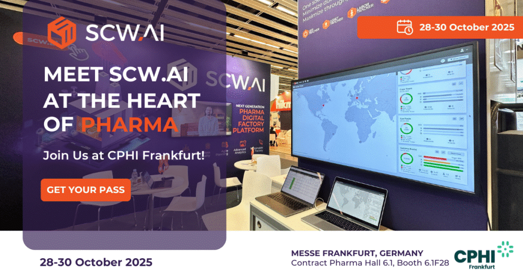 Image is the banner of SCW.AI's CPHI Frankfurt 2025 invitation.