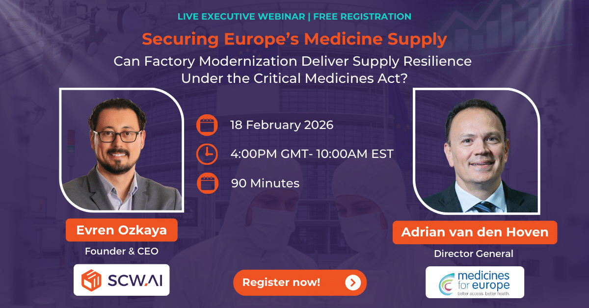 Image is the banner of Medicines for Europe's and SCW.AI's joint webinar on critical medicines ac and factory modernization.