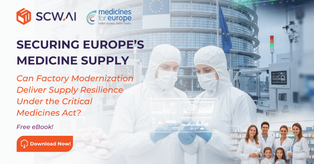 Image is the banner of Medicines for Europe's and SCW.AI's joint "Securing Europe’s Medicine Supply: Can Factory Modernization Deliver Supply Resilience Under the Critical Medicines Act?" article.