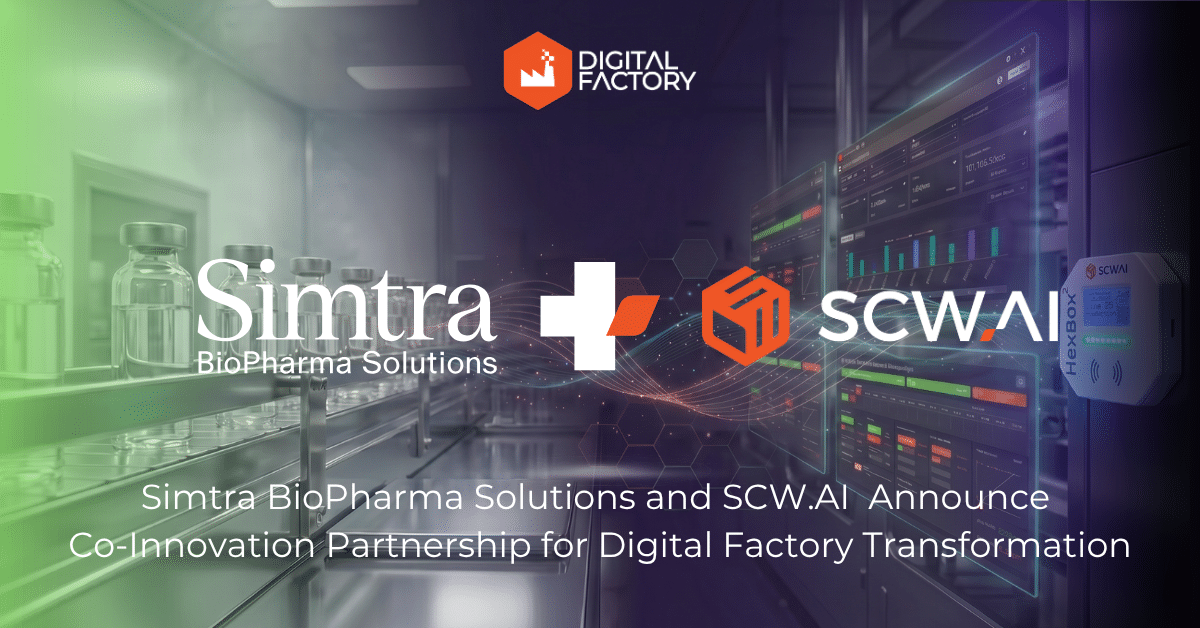 Image is the banner of SCW.AI and Simtra Biopharma partnership announcement.
