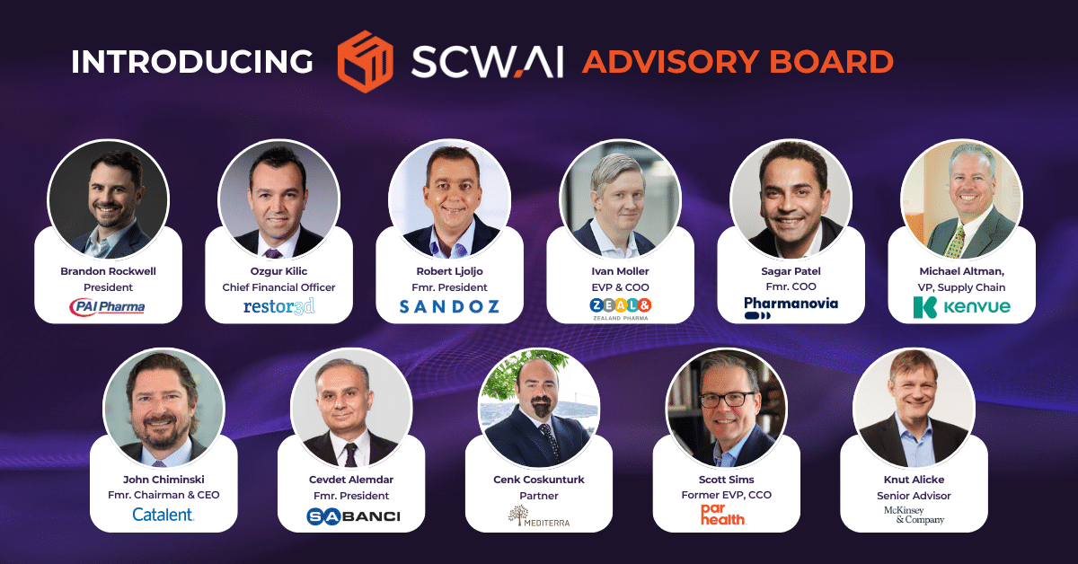 Image is the banner of SCW.AI's Global Advisory Board who are pharma veterans that helps SCW.AI to build better solutions for pharma manufacturers.