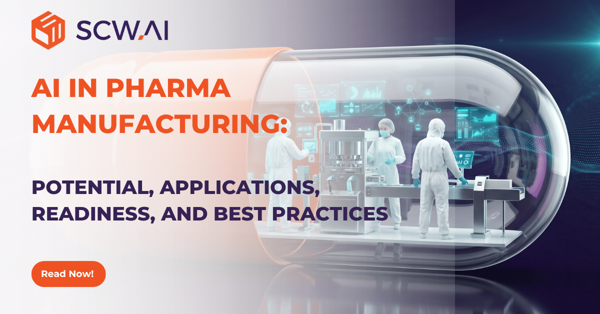 Image is the banner of SCW.AI's AI in pharma manufacturing blog post.