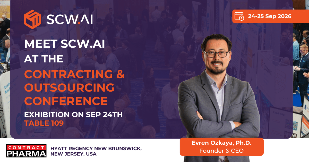 Image is the banner of SCW.AI's company news on attending 2026, Contract Pharma event in NJ.