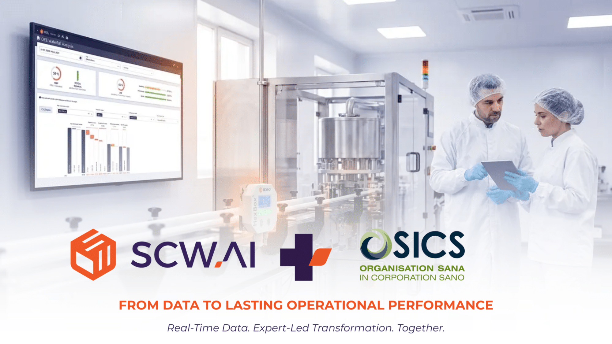 Image is the banner of SCW.AI and OSICS partnership agreement for modernizing pharma manufacturing.